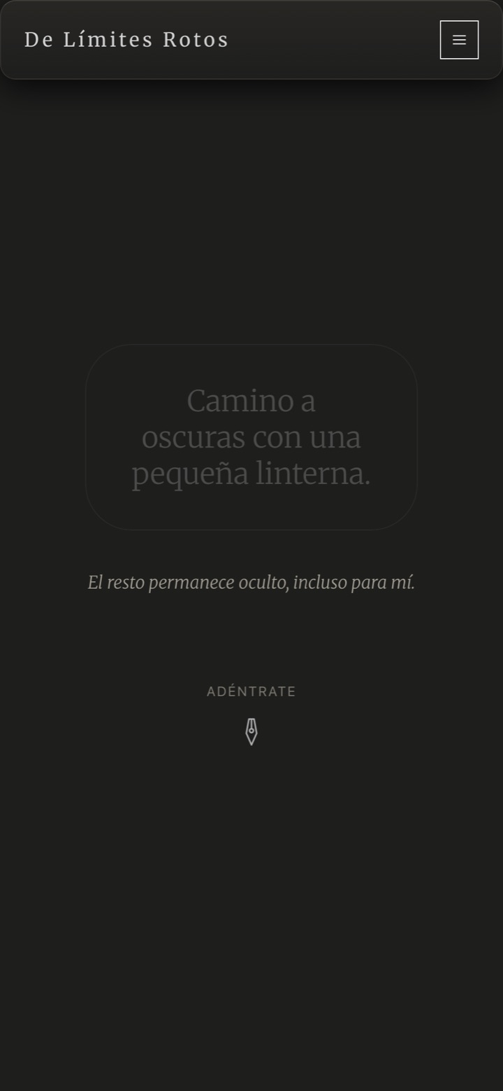 The Límites Rotos site on a phone: a dark cover with the headline «Camino a oscuras con una pequeña linterna».